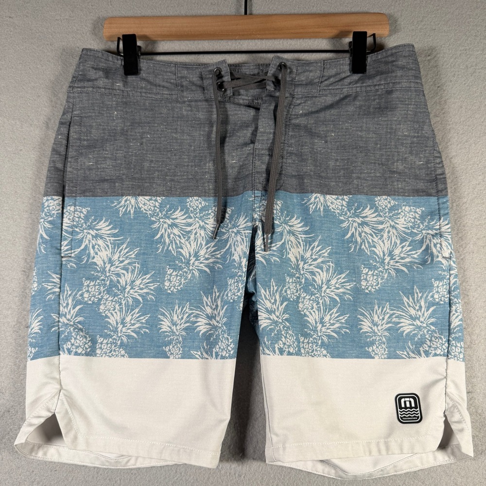 TravisMathew Mens Pineapple Board Shorts Grey Blue White Size 32 9in Inseam